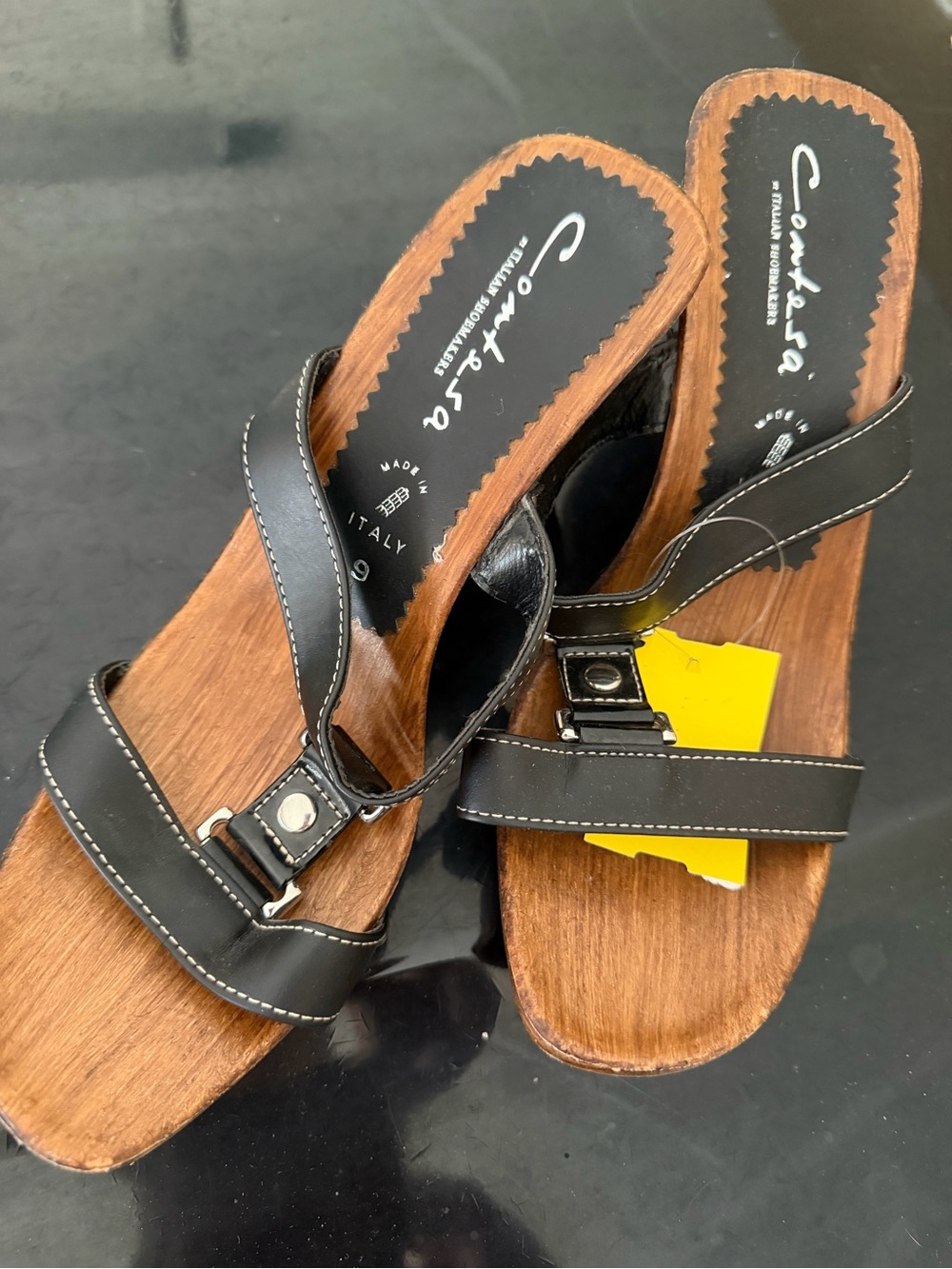 Comfortiva Black Leather Slide Heels with Wood-Look Footbed